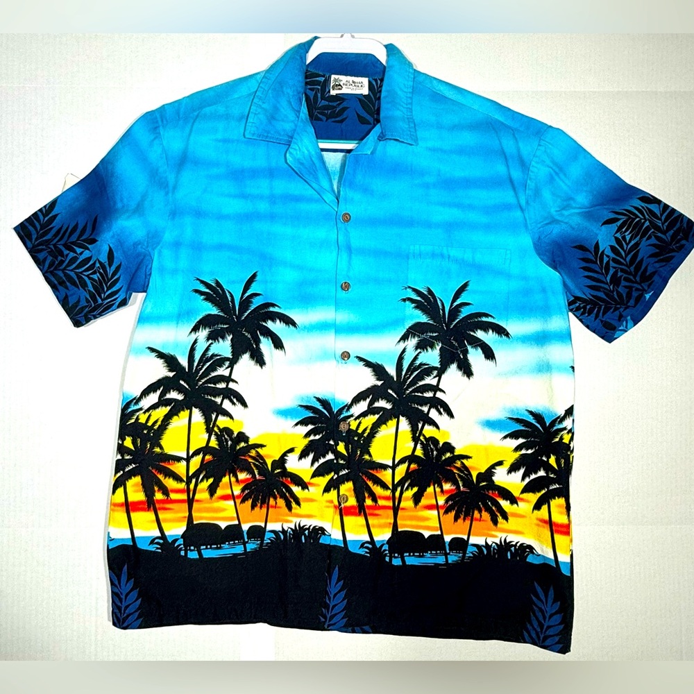 Aloha Republic Hawaiian Button Down Shirt Men's Size Large Palm Tree And Beach
